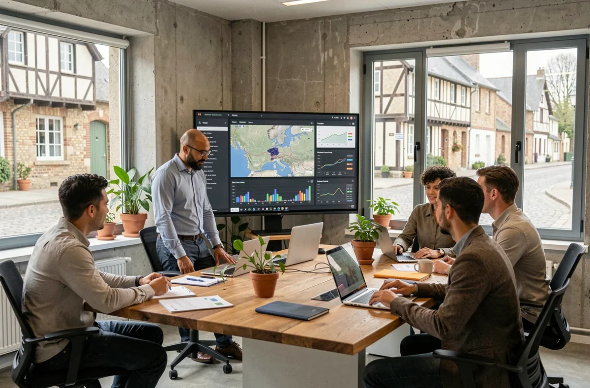 Équipe de consultants SEO travaillant dans un bureau moderne en Normandie avec des tableaux de bord d'analyse en arrière-plan