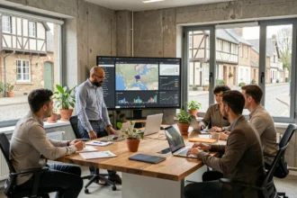 Équipe de consultants SEO travaillant dans un bureau moderne en Normandie avec des tableaux de bord d'analyse en arrière-plan
