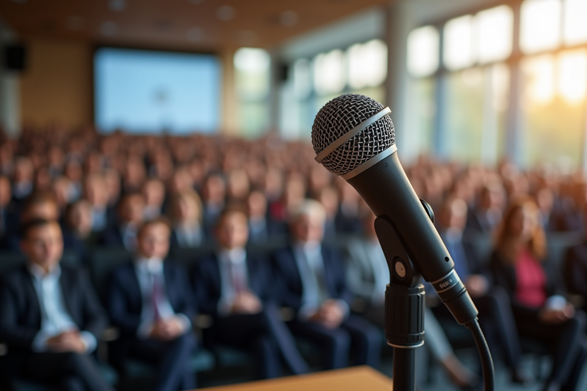 Microphone en gros plan dans une salle de réunion lumineuse
