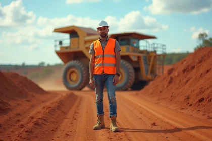 Mineur australien en tenue de s&eacute;curit&eacute; devant un camion de mine g&eacute;ant dans l'outback australien
