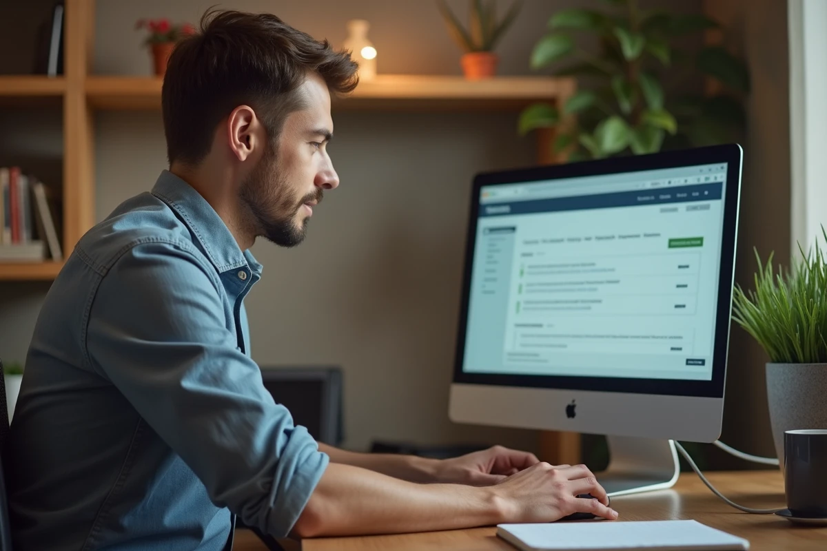 Homme naviguant dans son espace salarié Arkevia depuis son bureau à domicile