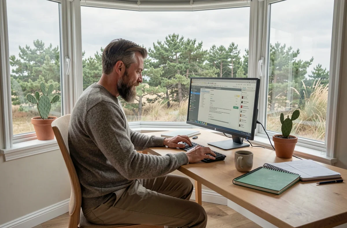 Nomade digital homme travaillant près d'une fenêtre avec vue sur les dunes à Capbreton