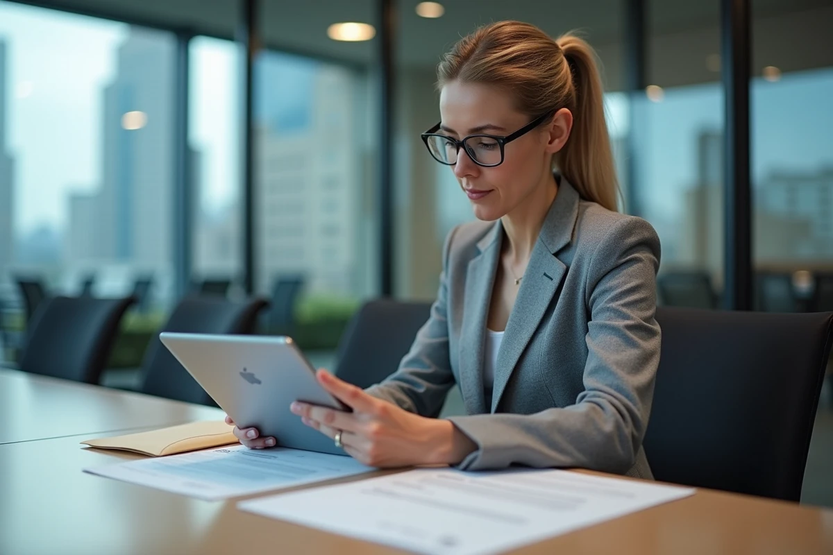 Notaire femme consultant une déclaration d'expertise immobilière numérique en salle de réunion professionnelle