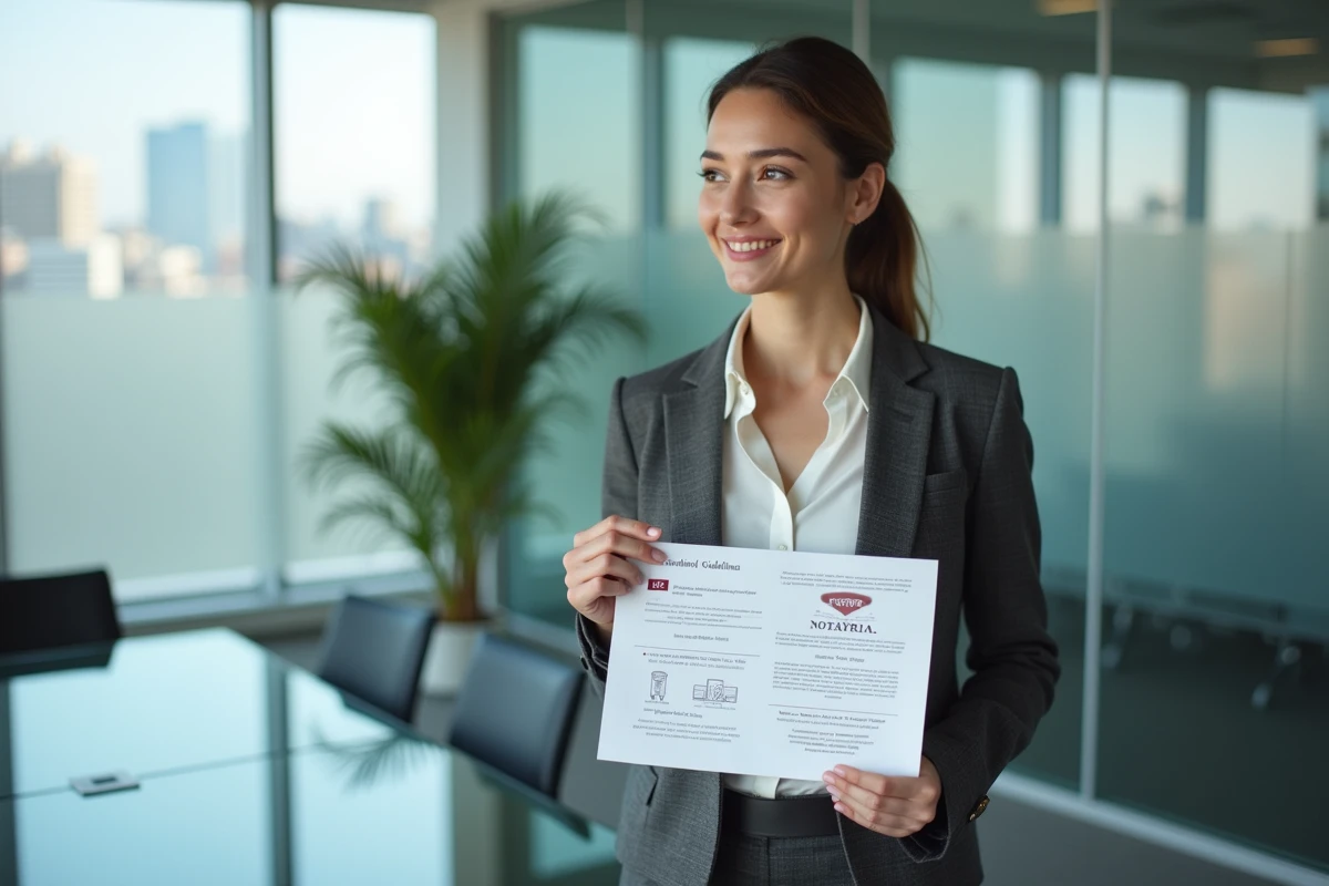 Notaire présentant un guide des bonnes pratiques pour l'utilisation du logo notarial en salle de réunion