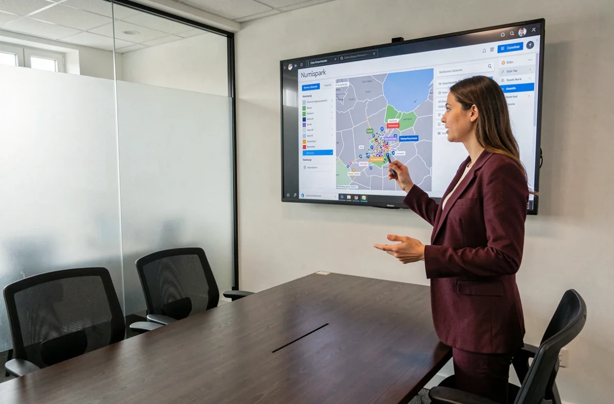Responsable SEO de Numispark présentant une carte de référencement local de Normandie sur un grand écran dans une salle de réunion moderne