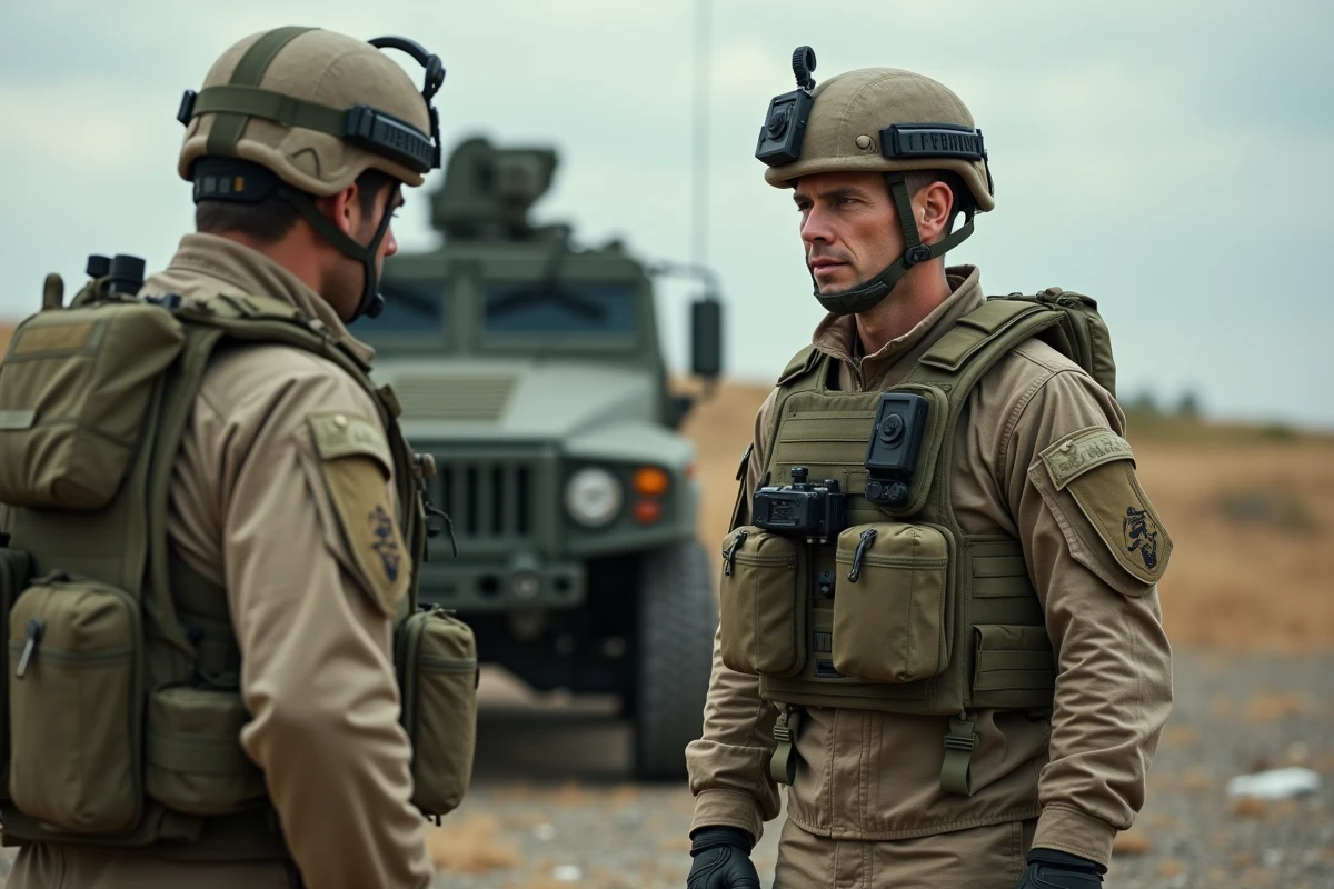 Deux officiers militaires en tenue tactique discutant lors d'un briefing de terrain avec des équipements de communication PRESCOM
