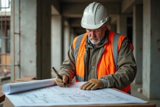 Ouvrier du BTP consultant des plans sur un chantier de gros œuvre avec colonnes en béton et ferraillage en arrière-plan