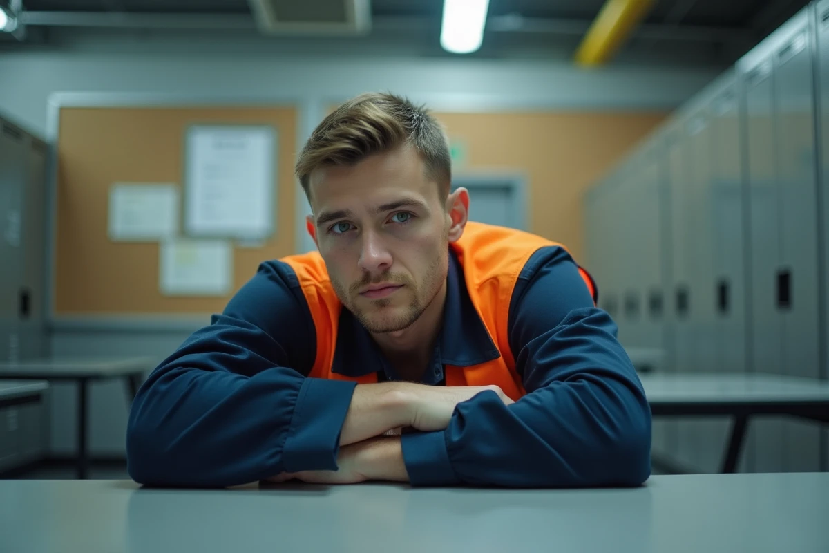 Jeune ouvrier fatigué en pause dans la salle de repos