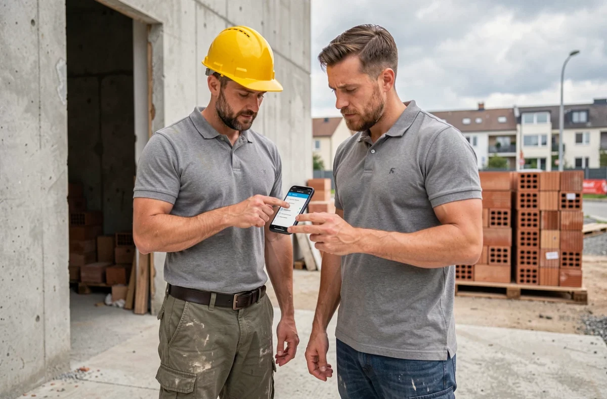 Deux ouvriers BTP consultant une application de gestion de chantier sur smartphone lors d'une coordination sur site