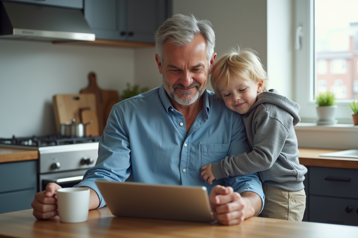 Père avec son enfant dans une cuisine moderne