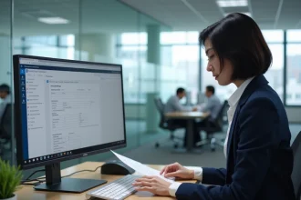 Technicienne paramétrant un logiciel de centre de service client sur un poste de travail en open space
