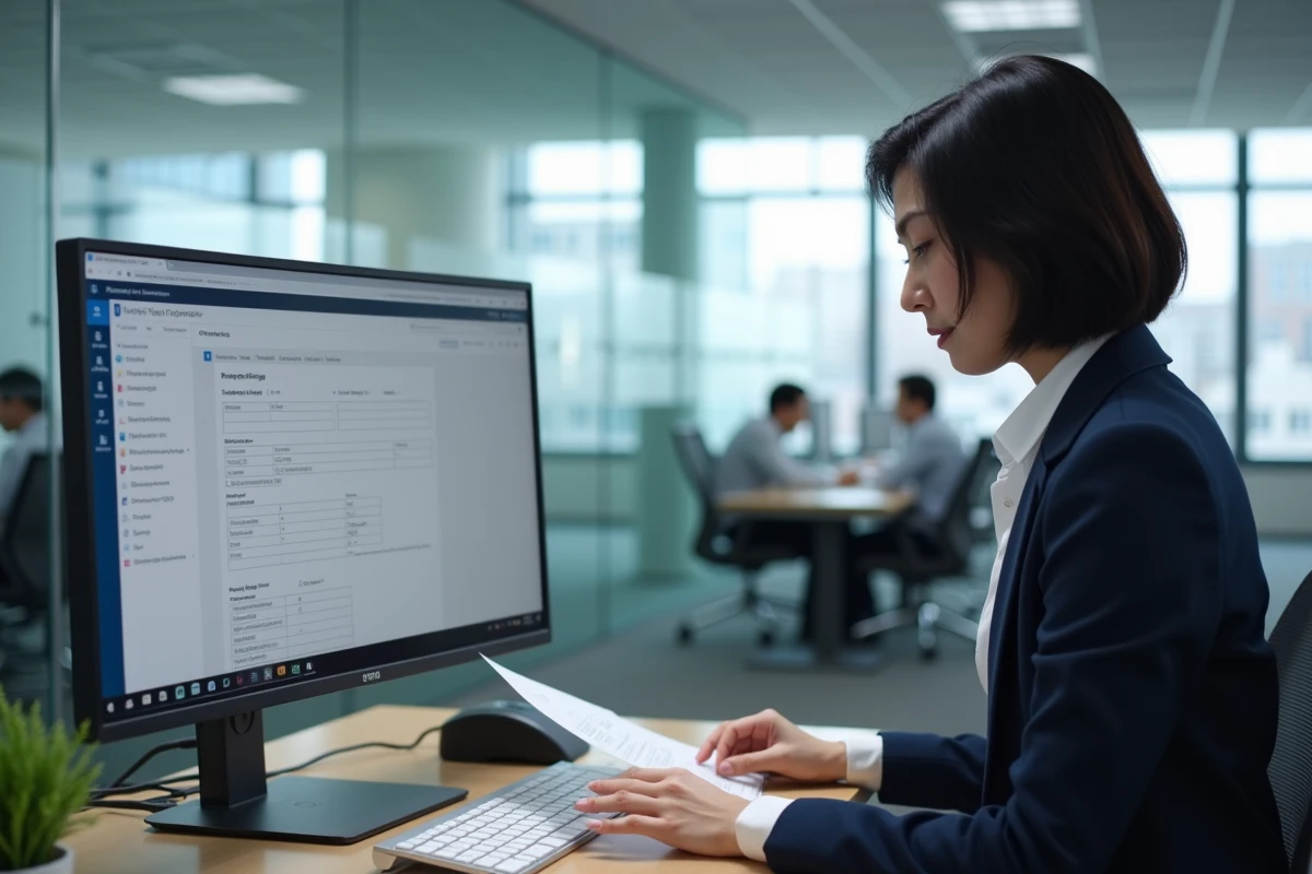 Technicienne paramétrant un logiciel de centre de service client sur un poste de travail en open space