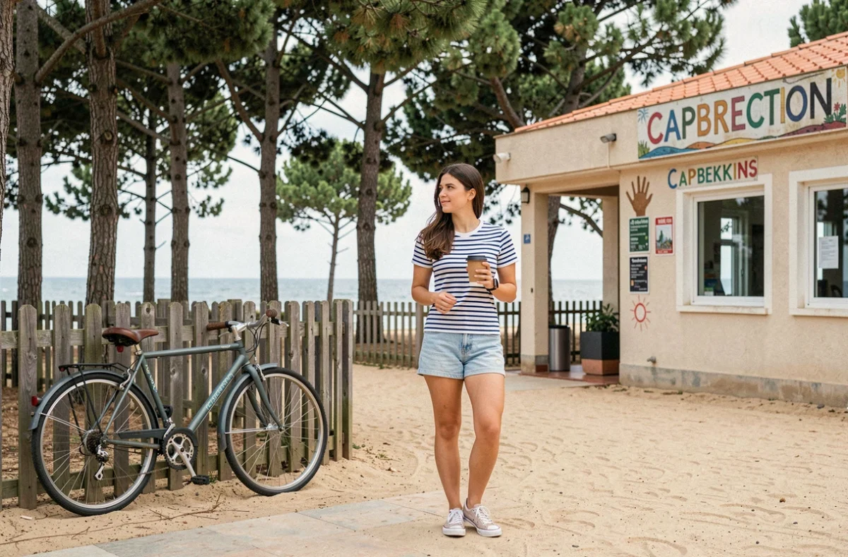 Jeune femme nomade en pause café devant un espace de coworking à Capbreton avec vue sur la mer