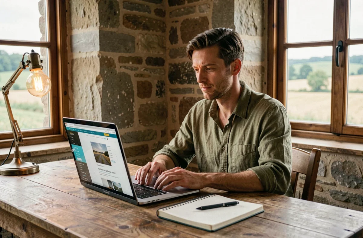 Freelance web designer Pierre Viéville travaillant depuis un studio rural dans l'Aisne avec son ordinateur portable affichant une maquette de site responsive