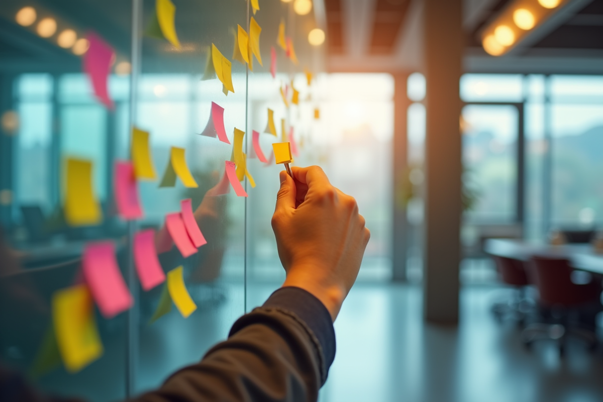 Main fixant notes colorées sur un mur de stratégie créatif