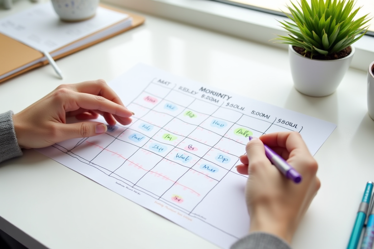 Personne dessinant un planning hebdomadaire avec des stylos colorés