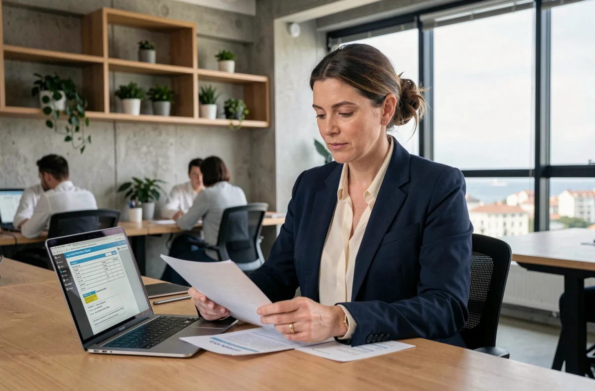 Femme professionnelle consultant des documents de portage salarial dans un espace de coworking à Lorient