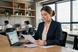 Femme professionnelle consultant des documents de portage salarial dans un espace de coworking à Lorient