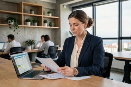 Femme professionnelle consultant des documents de portage salarial dans un espace de coworking à Lorient