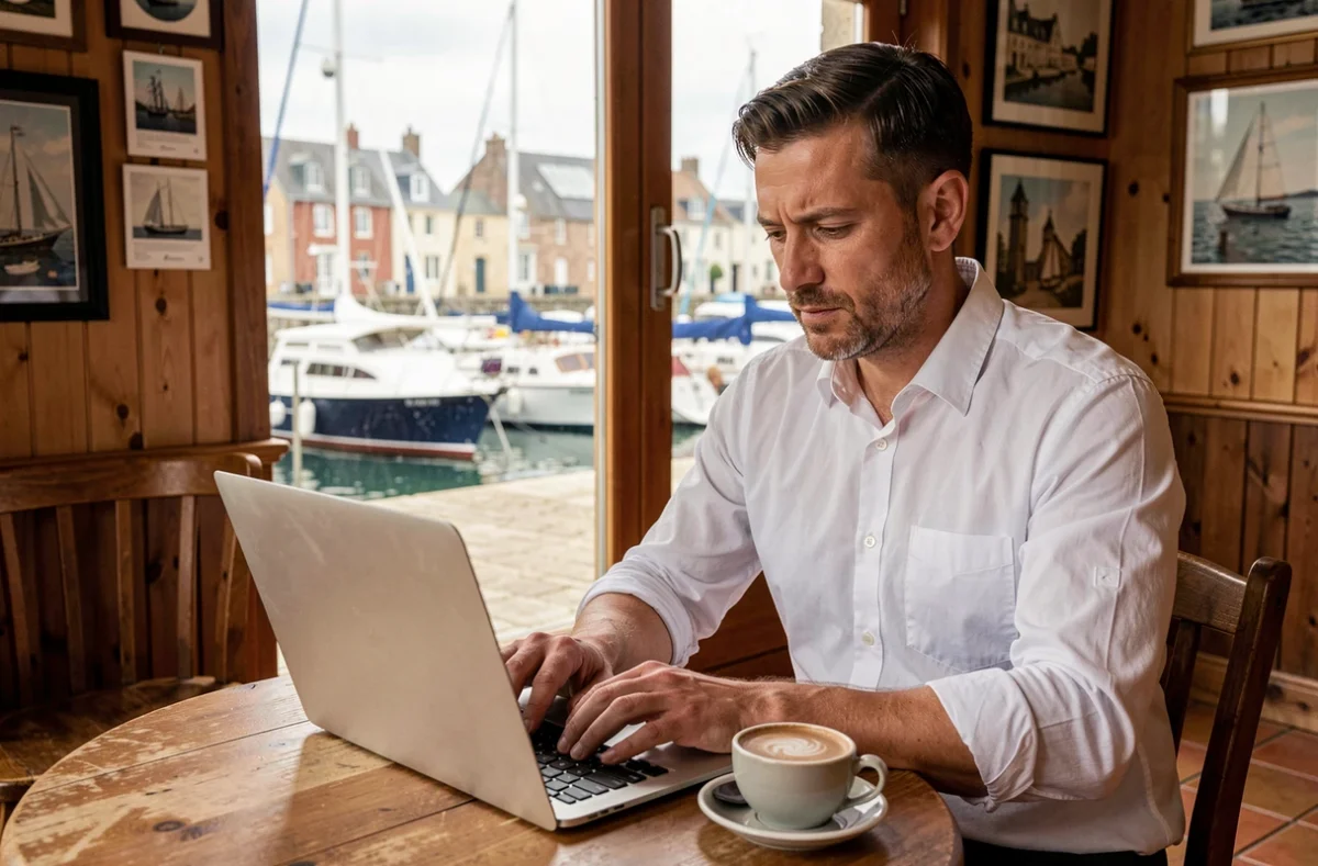 Freelance en portage salarial travaillant sur ordinateur dans un café du port de Lorient