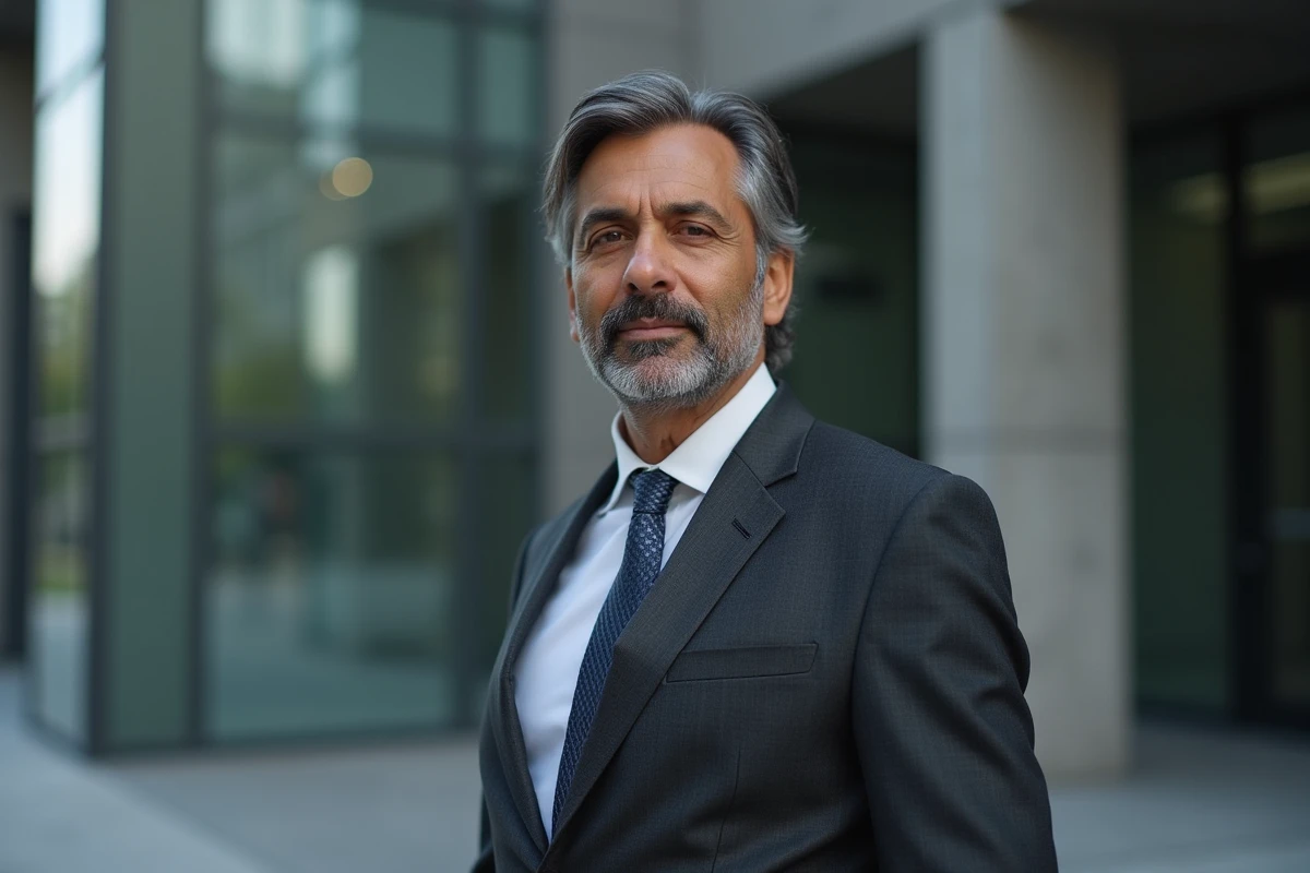 Portrait CV extérieur d'un cadre en costume charbon devant un immeuble moderne en verre