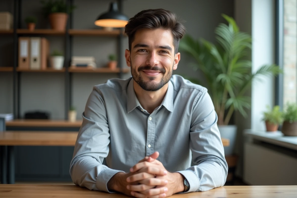 Homme en chemise grise photographié dans un espace de coworking pour un portrait CV moderne
