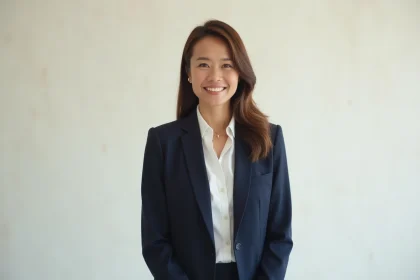Portrait professionnel d'une femme en blazer marine sur fond blanc pour un CV