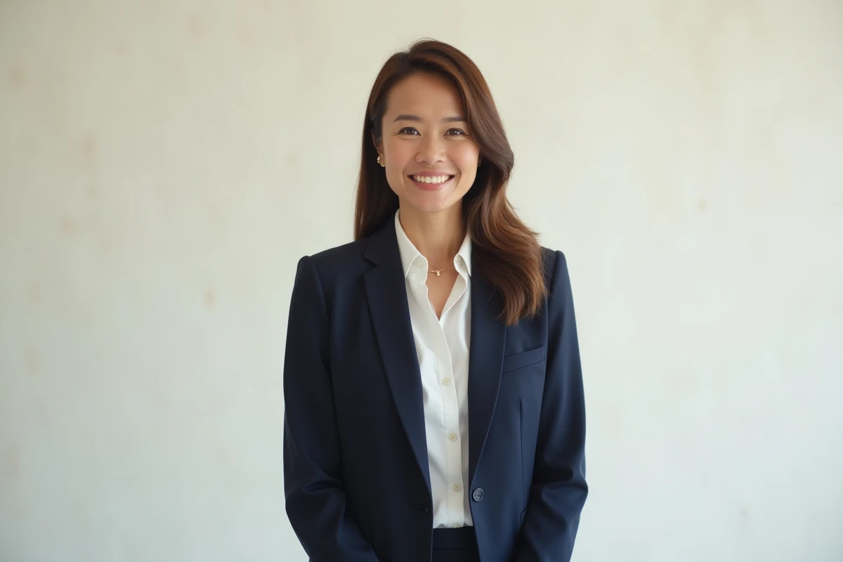 Portrait professionnel d'une femme en blazer marine sur fond blanc pour un CV