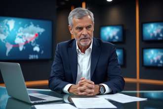 Présentateur TV en costume bleu dans un studio moderne