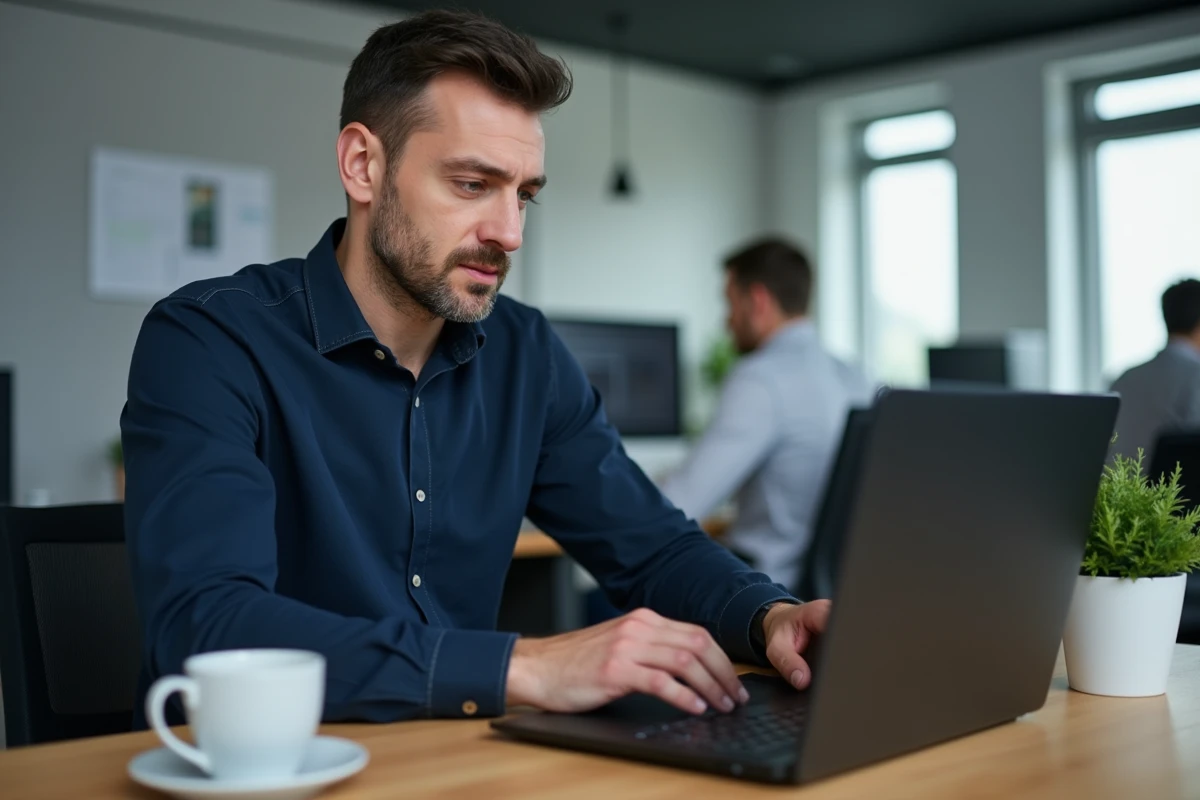 Homme au bureau face à une erreur de connexion sur son ordinateur portable, illustrant un problème de login sur un portail CSE