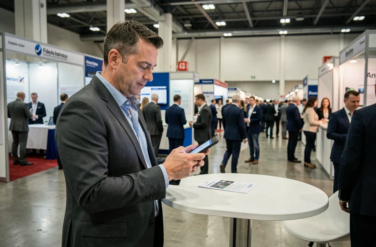 Professionnel vérifiant son accréditation numérique à l'entrée d'un salon B2B