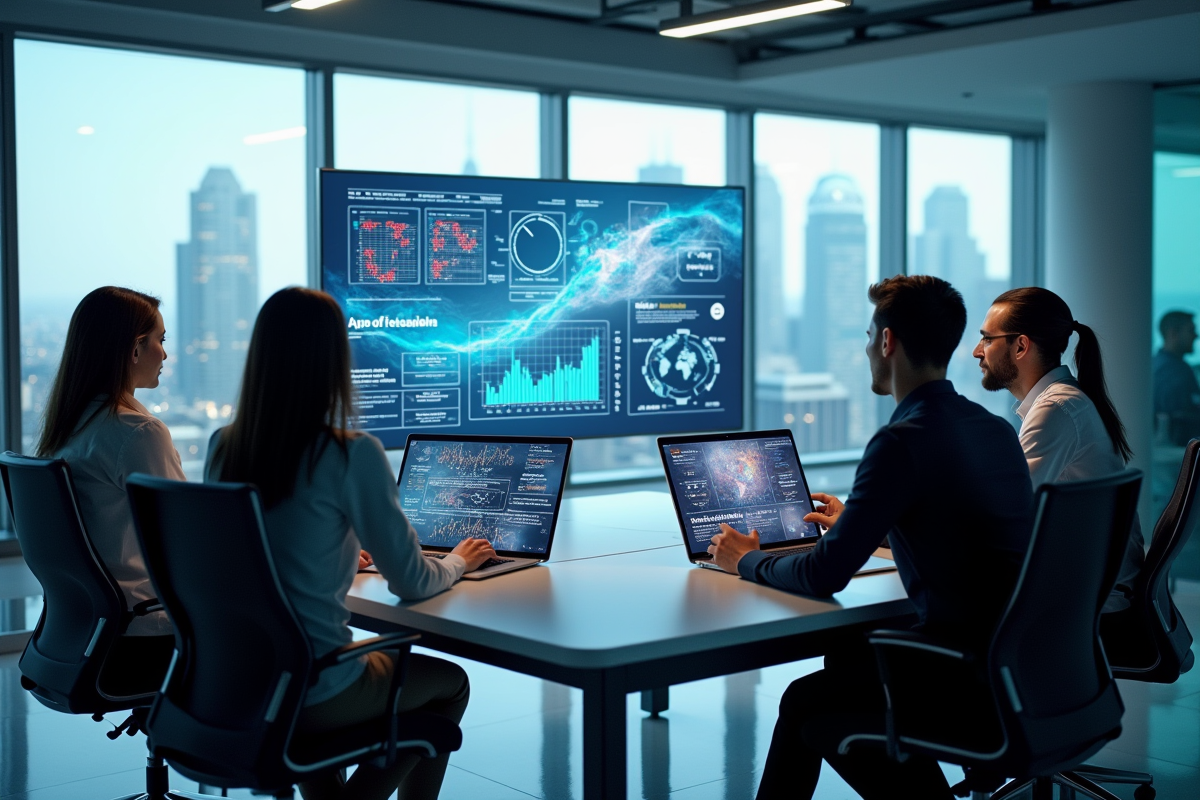 Professionnels analysant des données AI dans un bureau hightech