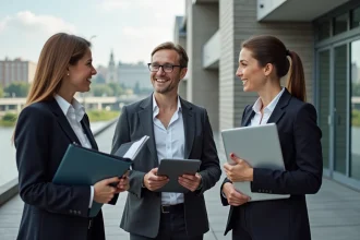 Groupe de professionnels à Astrakhan devant un bâtiment moderne