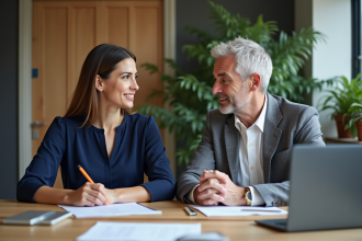Deux professionnels en réunion dans un bureau moderne