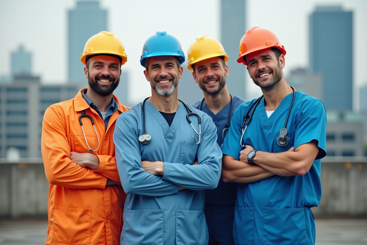 Travailleurs en uniforme dans la ville en extérieur