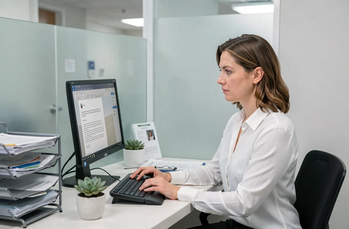 Réceptionniste médicale lisant un email de report de rendez-vous à l'accueil d'une clinique