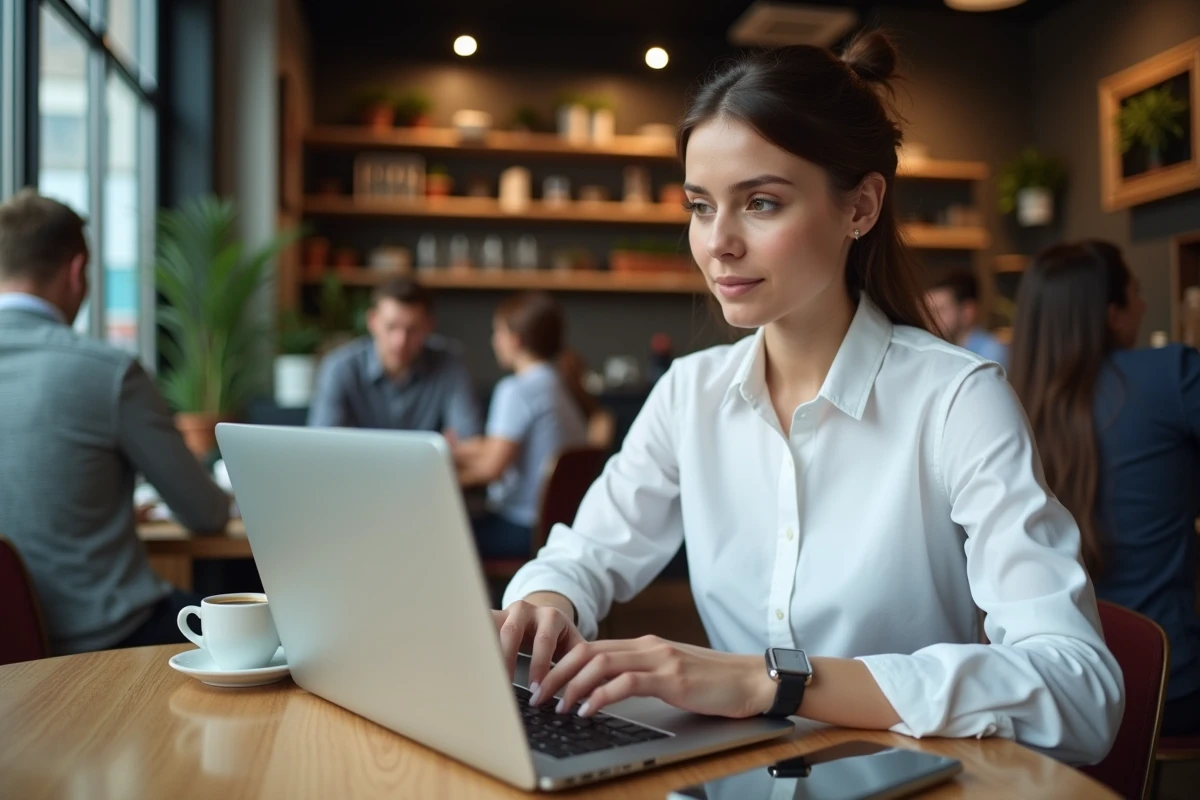 Jeune femme dans un café recherchant les coordonnées de contact de BackMarket sur ordinateur et téléphone