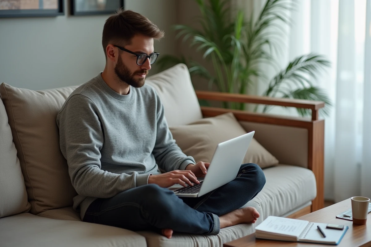 Personne en reconversion professionnelle consultant un guide de création de business en ligne depuis son canapé