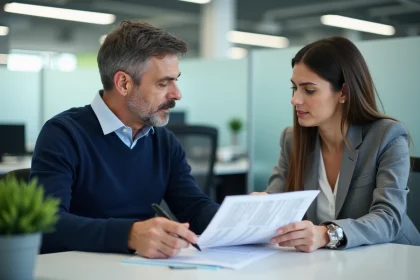 Un homme de 45 ans en rendez-vous avec une conseillère CSP dans un bureau moderne, examinant des documents relatifs au contrat de sécurisation professionnelle