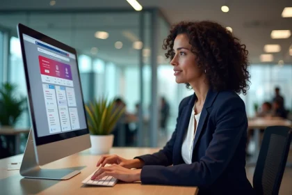 Représentante CSE utilisant la billetterie en ligne Advango sur un ordinateur de bureau dans un open space moderne