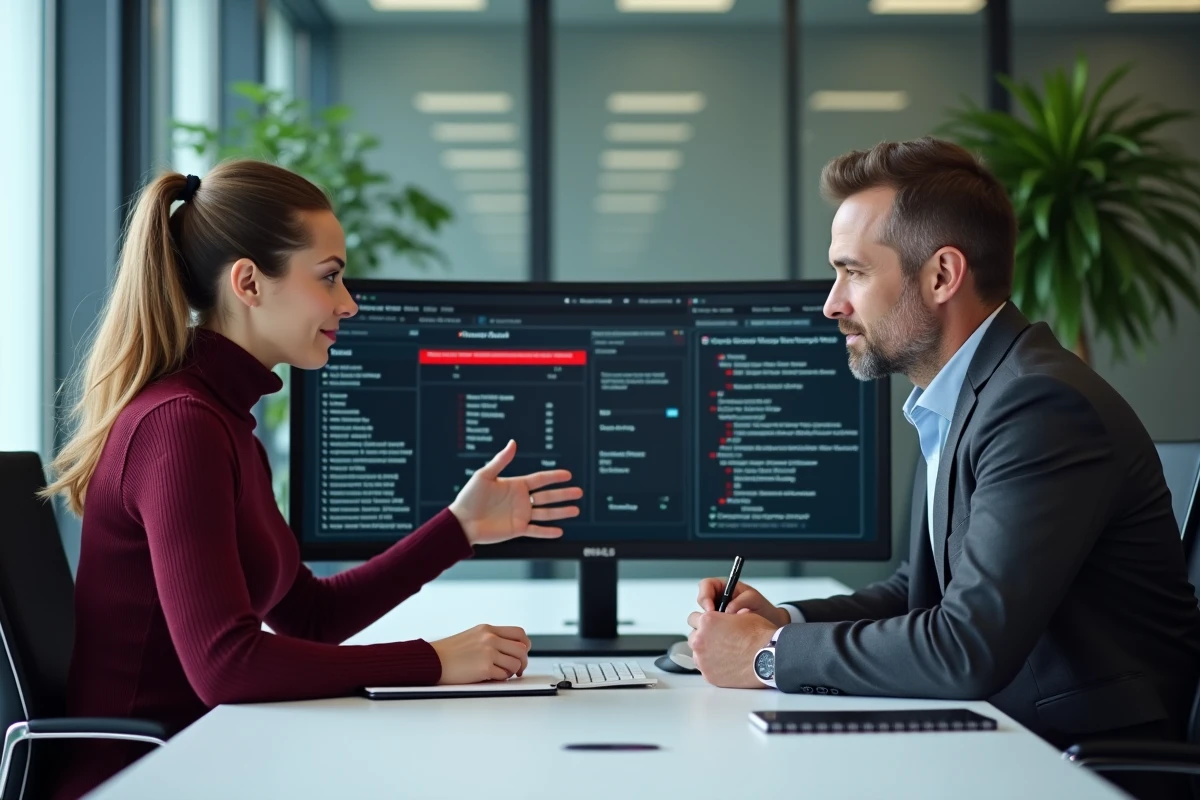 Deux collègues résolvant ensemble des erreurs de paramétrage dans un logiciel SVC Center