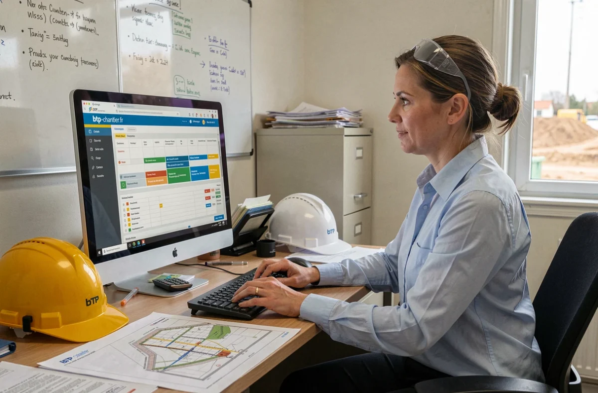Responsable administrative d'une petite entreprise BTP gérant les chantiers sur ordinateur avec un logiciel dédié
