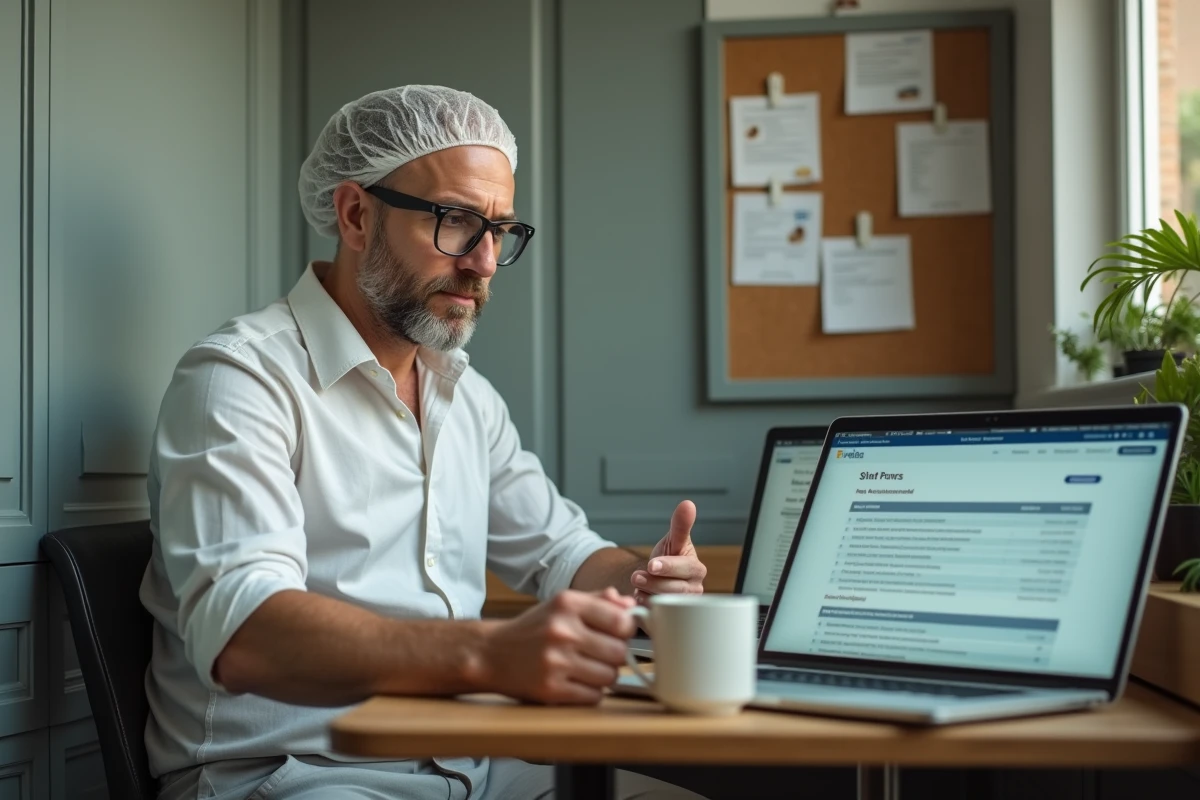 Responsable de boulangerie consultant les communications internes sur l'intranet Blachère depuis son bureau