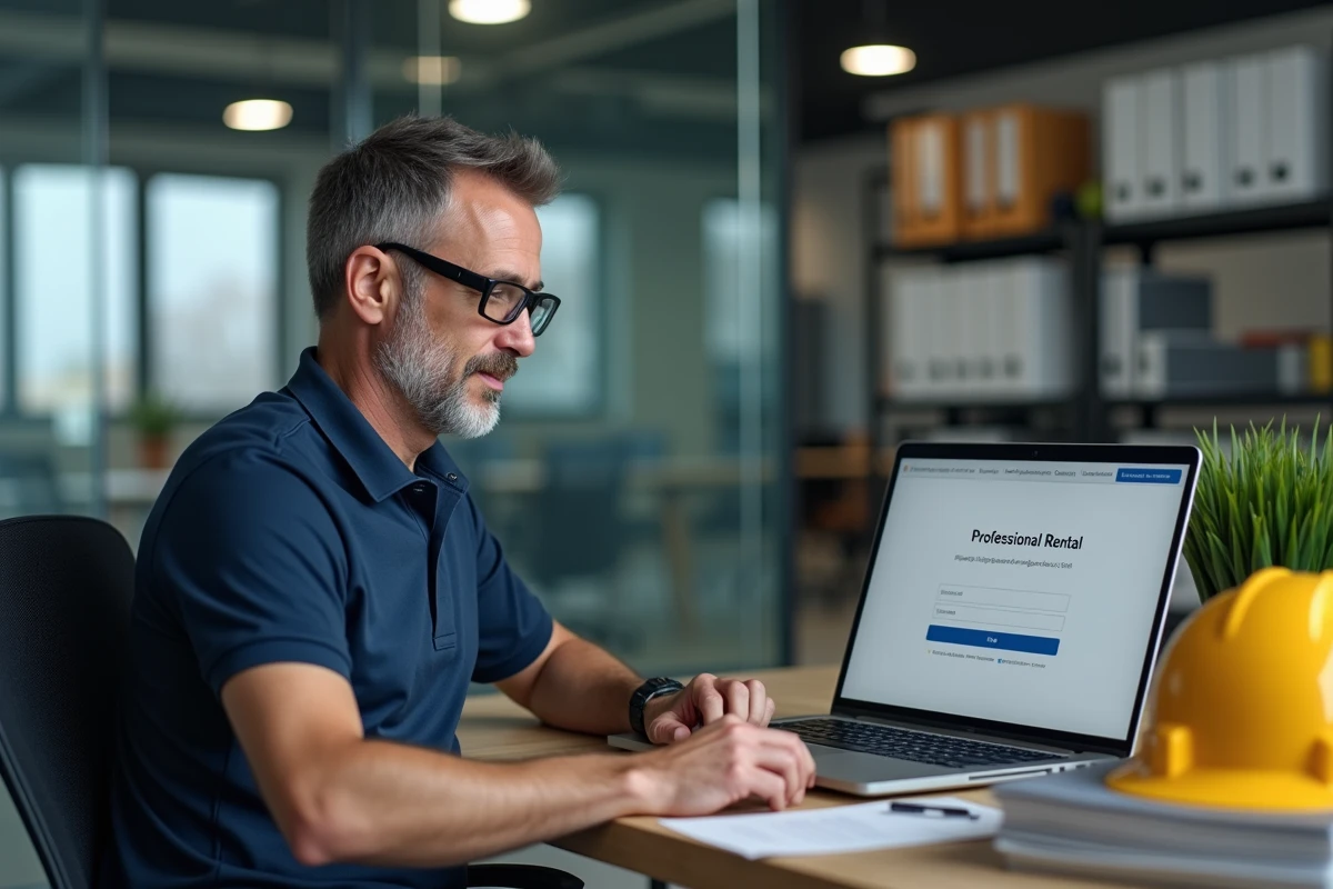 Responsable de chantier connecté à l'espace client Loxam CE sur un ordinateur portable dans un bureau professionnel