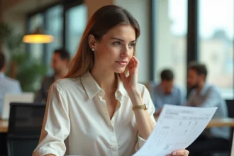 Responsable RH féminine en bureau moderne consultant un planning de congés d'été obligatoires pour ses équipes