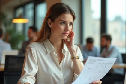 Responsable RH féminine en bureau moderne consultant un planning de congés d'été obligatoires pour ses équipes