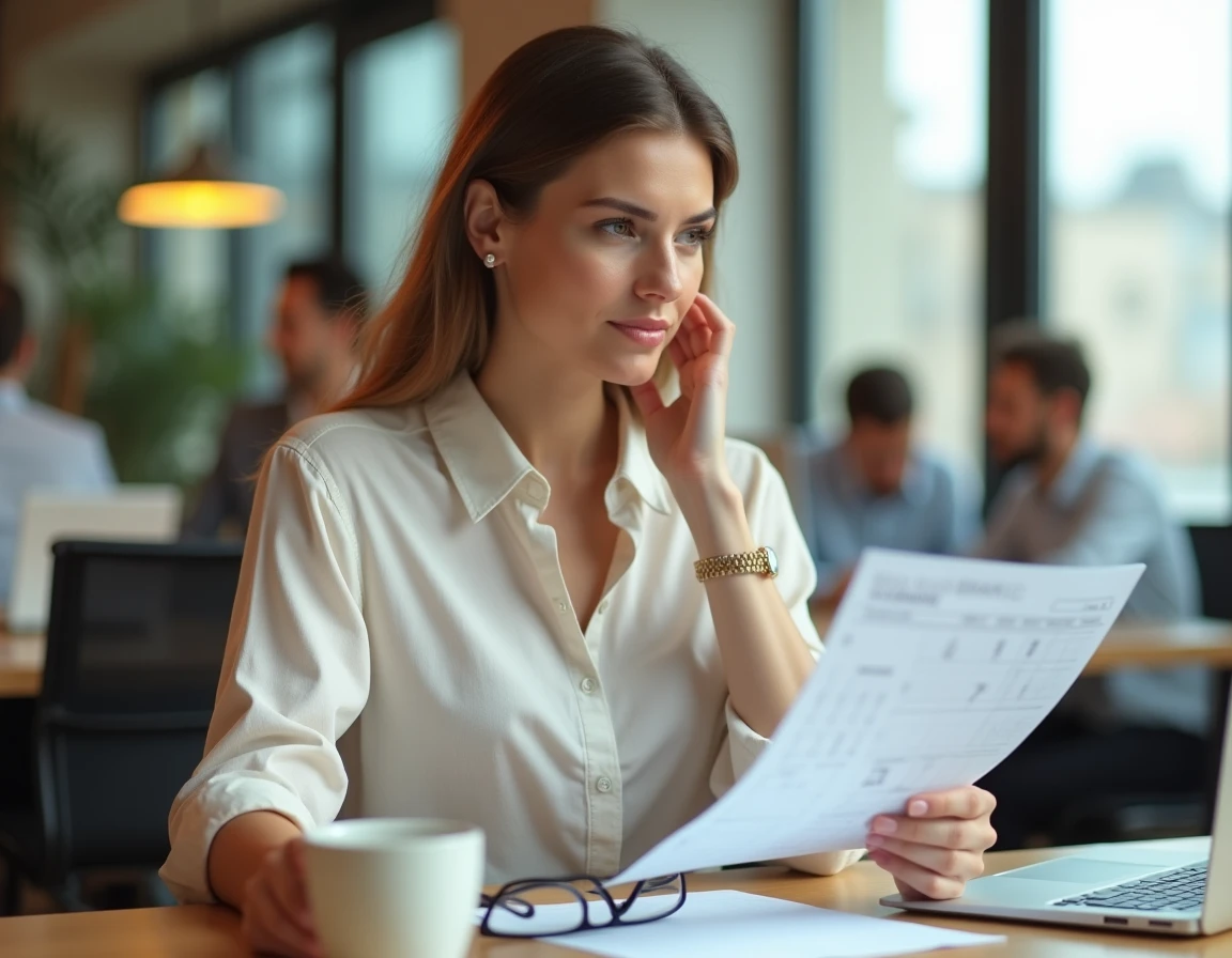 Responsable RH féminine en bureau moderne consultant un planning de congés d'été obligatoires pour ses équipes