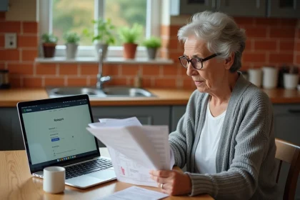 Retraitée consultant ses fiches de paie sur un portail en ligne comme MyPeopleDoc depuis son domicile