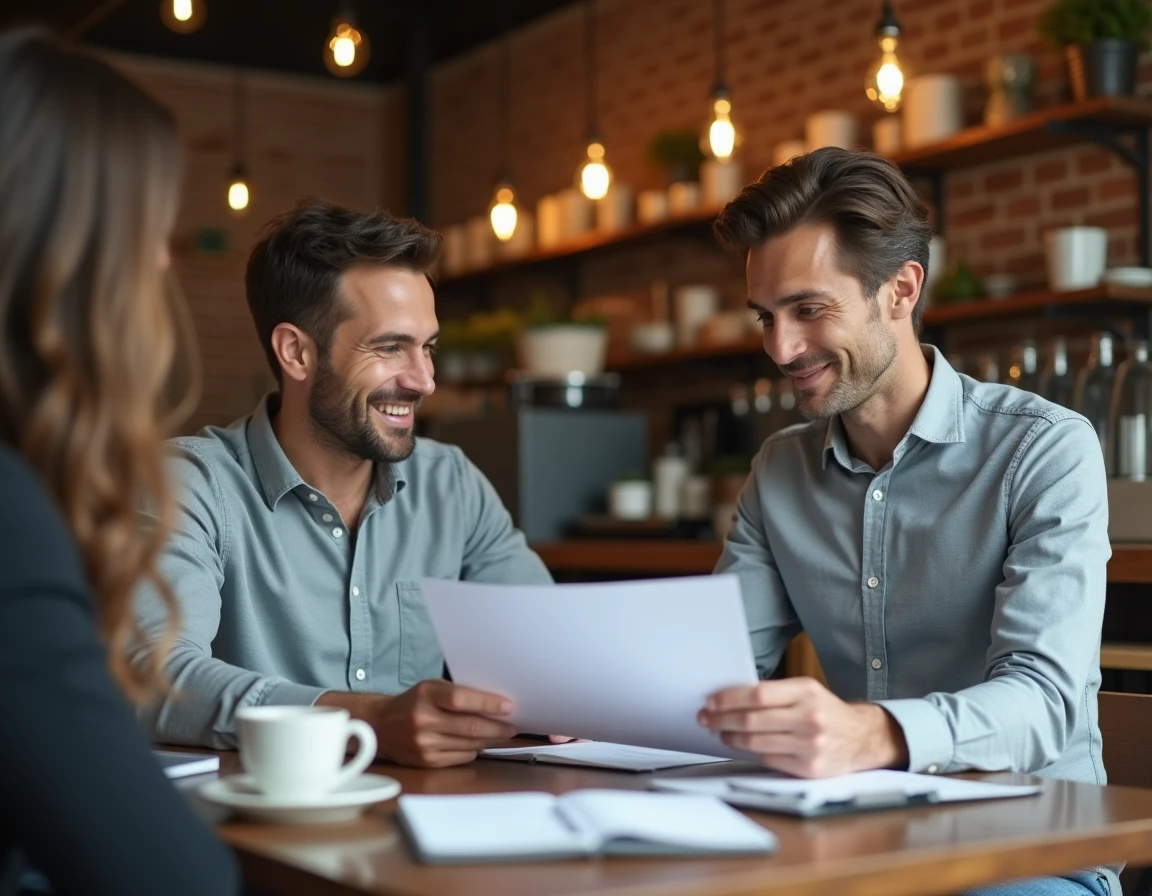 Freelance administratif en réunion client dans un café urbain, discutant d'une proposition de mission pour fidéliser sa clientèle