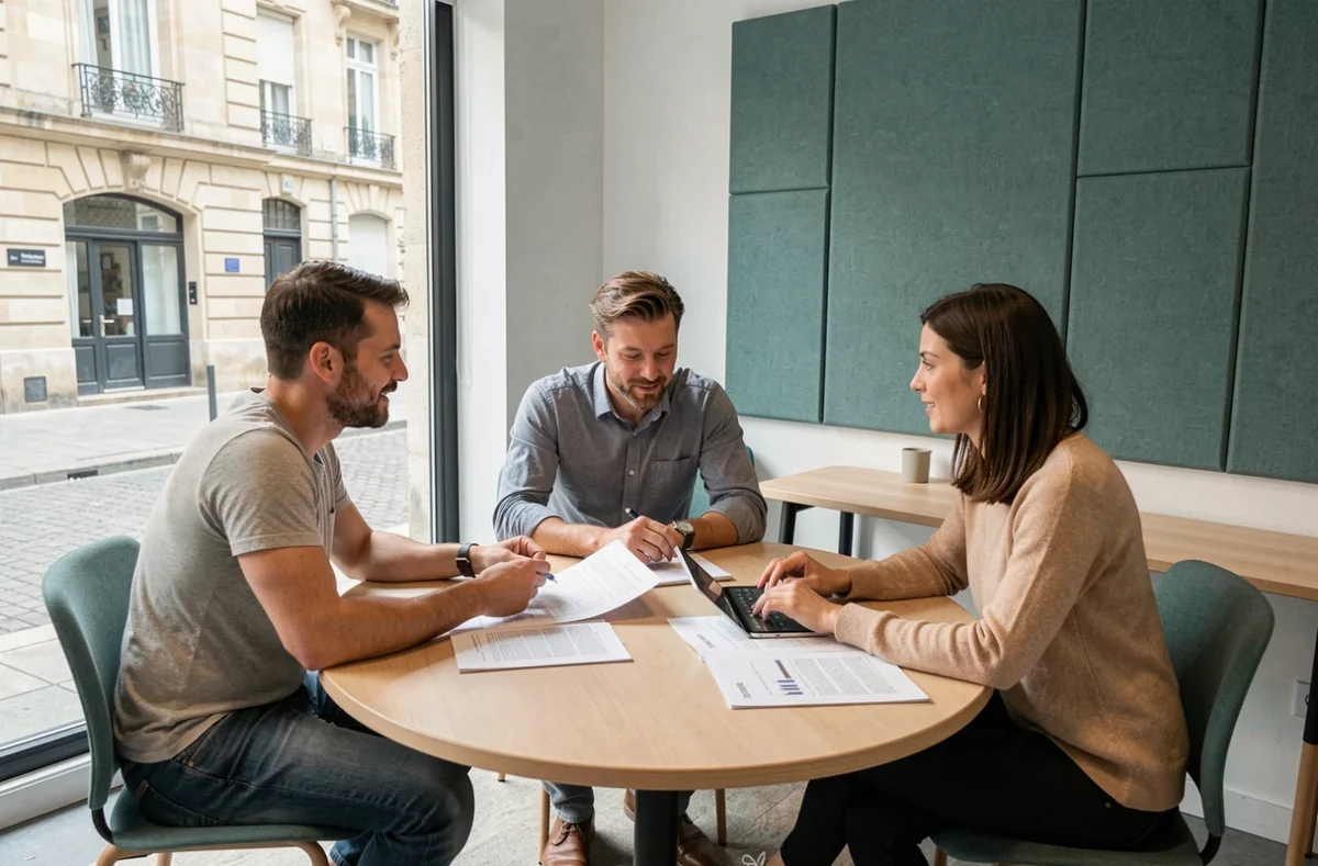 Groupe de professionnels en réunion collaborative dans un espace de coworking avec vue sur la rue à Agen